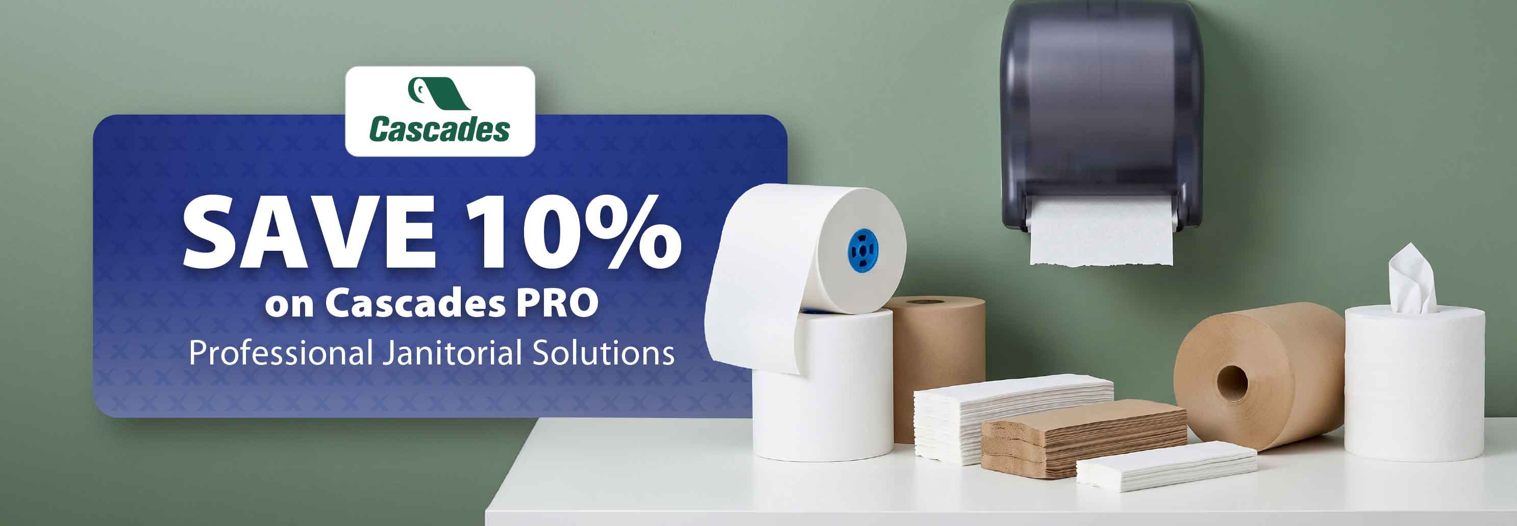 Paper towels, toilet paper, tissues, and napkins displayed beside a promotional sign
