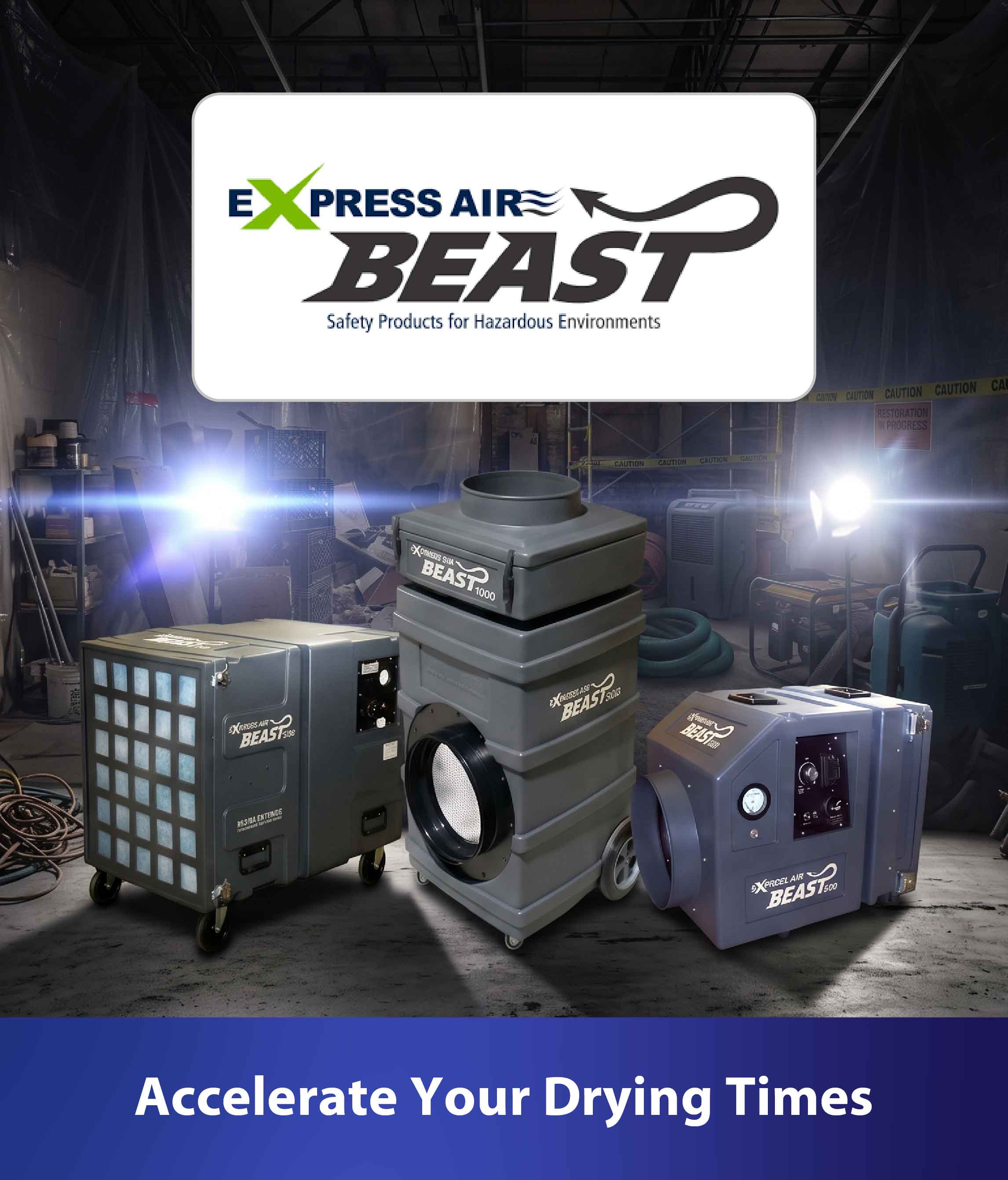 Three industrial drying machines displayed beneath a Beast product banner